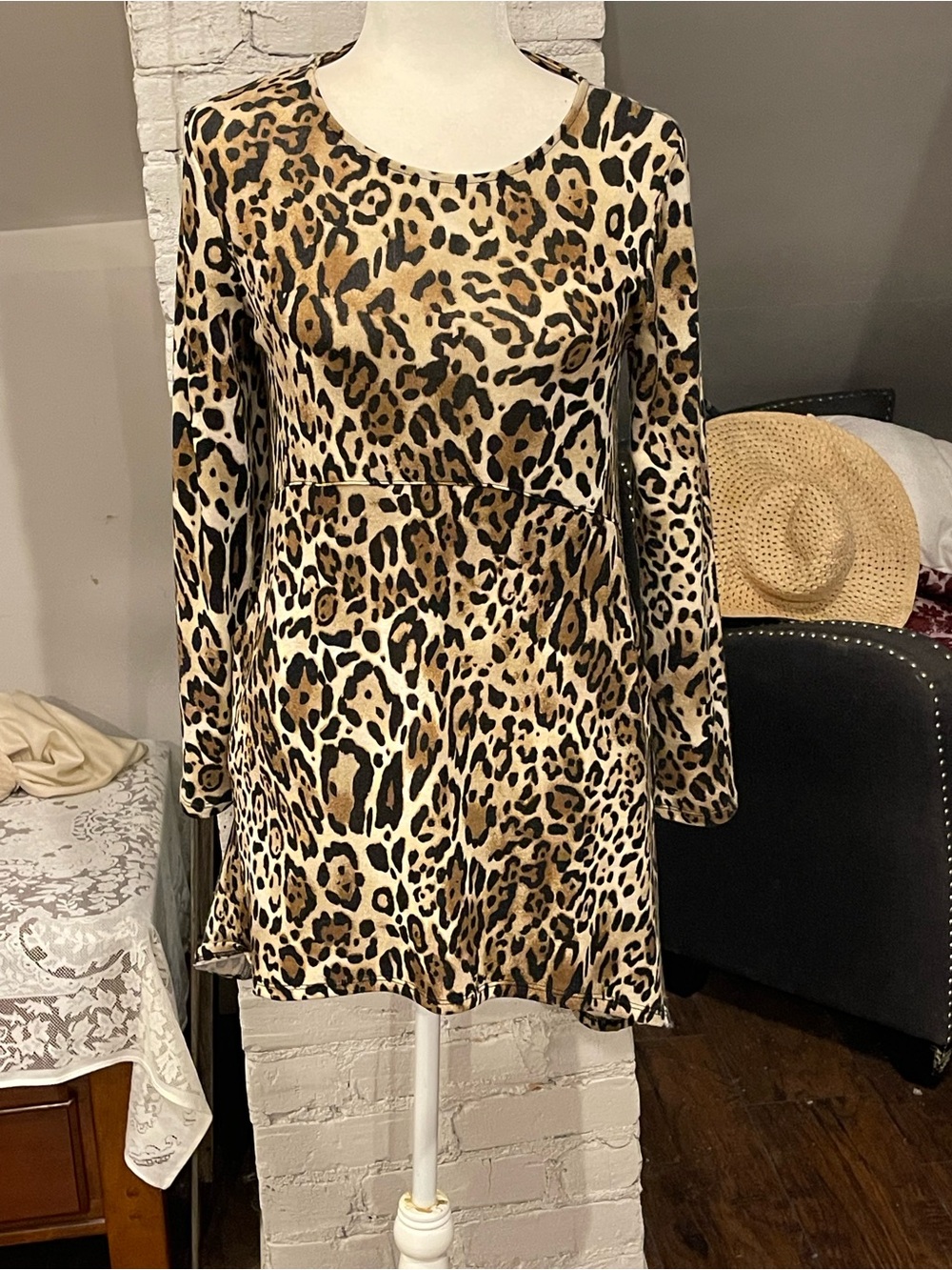 Chico's Leopard Print Long Sleeve dress- Beige, Black